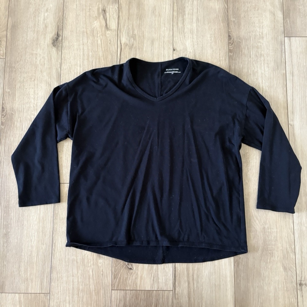 Eileen Fisher V-Neck Long Sleeve Top Women S Black Jersey Knit Minimalist Staple